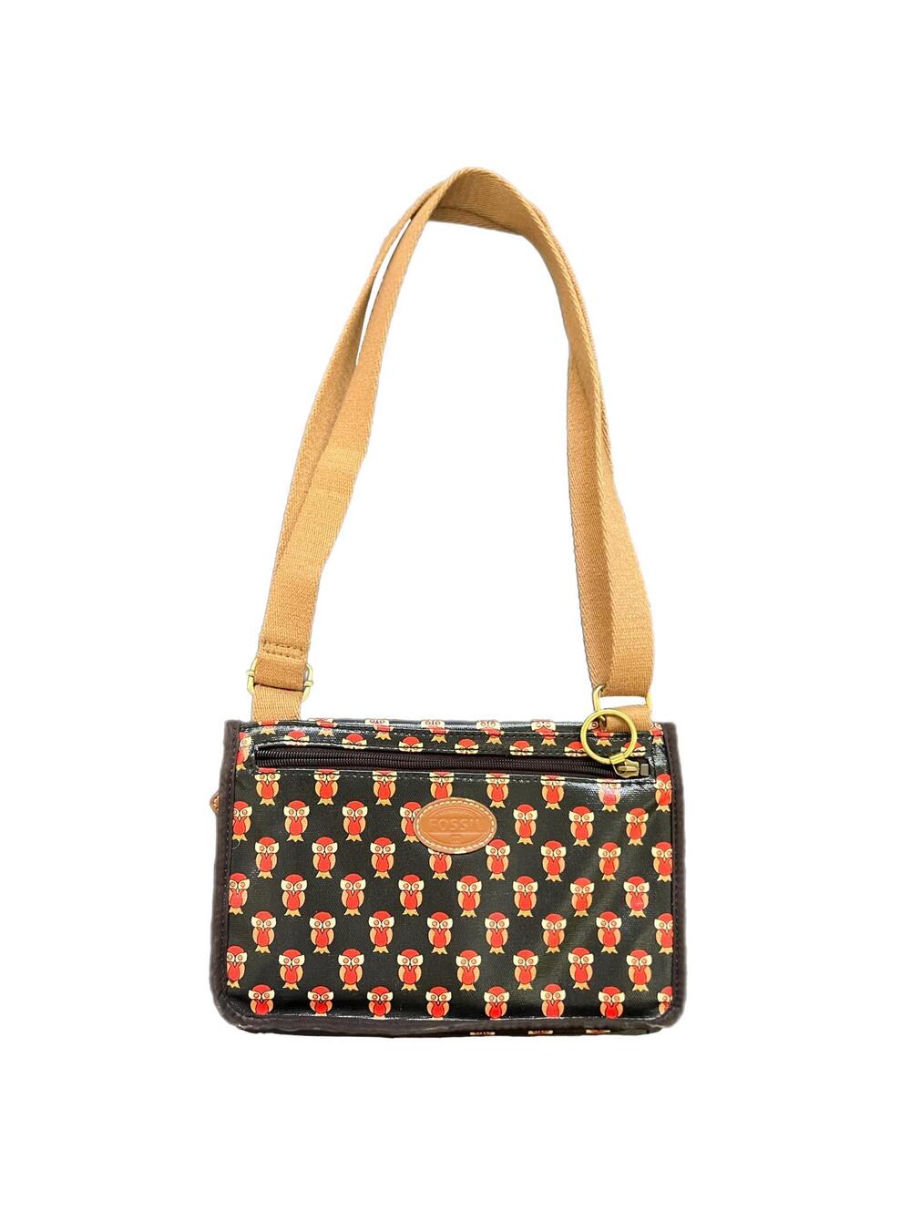FOSSIL Mini Keyper‎ Red Owl Print Cross Body Shoulder Bag Black & Brown
